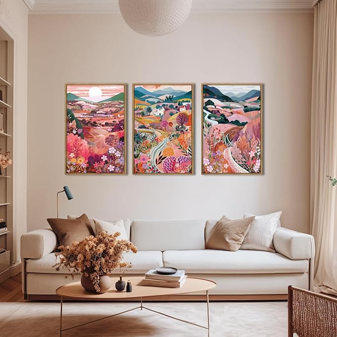 Anyzal Large Colorful Mountain Floral Wall Art Framed Pink Nature Landscape Painting Sunset Scenery Wall Decor for Living Room Bedroom Office 16x24 Inch Set of 3