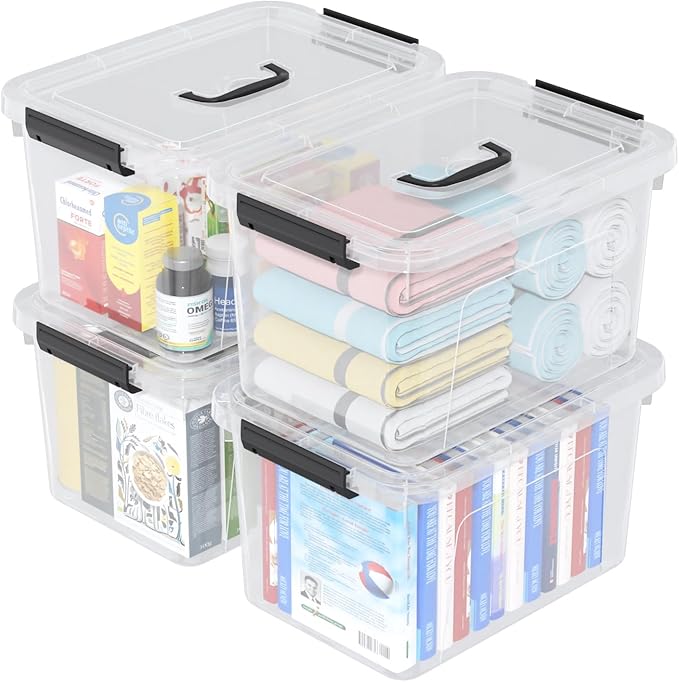 17.5 L Clear Plastic Storage Bin with Handle, Latching Storage Box with Lid, 4 Packs