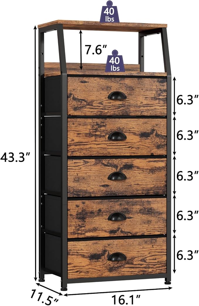 Furnulem Tall 5 Drawers Dresser, Vertical Storage Tower Fabric Dresser for Bedroom, Hallway, Entryway, Nursery, Closet Organizer, Nightstand Bedside Table Furniture, Sturdy Steel Frame, Wood Top