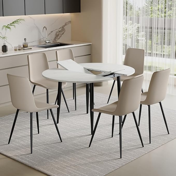 42"-54" Extendable Dining Room Table Set for 6, Round Dining Table Set for 6, White Kitchen Table with Upholstered Chairs Set of 6, 7 Piece Dining Table Set for Small Spaces, Easy Assembly