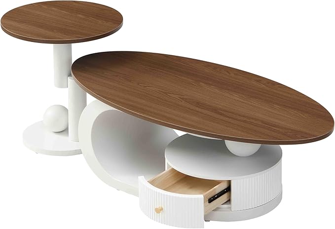SSLine Luxury Nesting Coffee Table Set with Curved Base Modern Living Room Table Set of 2 Include Oval Coffee Table with Drawer and Round End Table for Living Room Bedroom,White Walnut