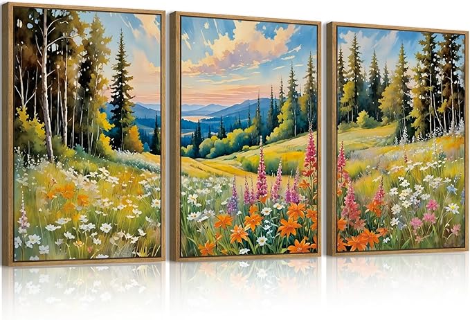 Anyzal Colorful Woodland Wall Art Large Floral Field Wall Decor 16x24 Inch Set of 3 for Living Room Bedroom Dining Room