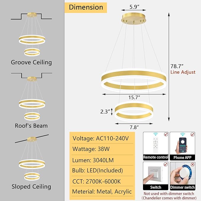D7.8''+15.7'' Modern Ring Chandelier for Dining Room LED Dimmable Pendant Lighting for Living Room Foyer Bedroom Entryway 3000K-6000K Gold