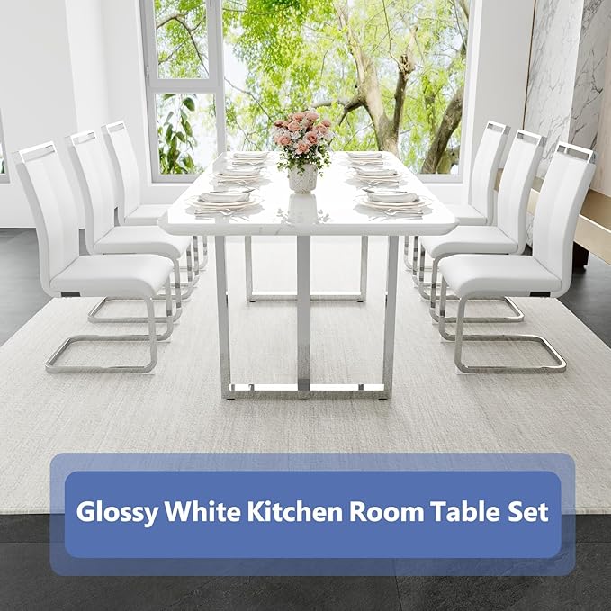 JUFU Dining Table Set for 6, 67'' Table and Chairs Set of 6 with Faux Marble Tabletop and Sturdy Leg, White Rectangle Dining Room Table Set for 6 with PU Chairs, Perfect for Dining Room and Kitchen