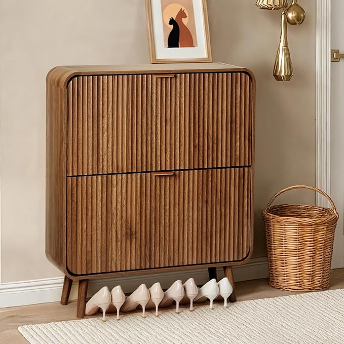 31.5" Fluted Shoe Cabinet with 2 Flip Drawers, Slim Freestanding Shoe Cabinet Organizer, Narrow Shoes Storage Rack for Entryway, 4 Sturdy Legs (Dark Walnut)