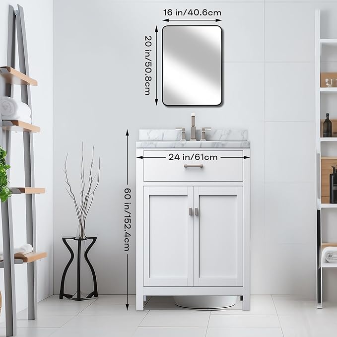 Wall Mount Mirror for Bathroom, Brush Black Metal Framed Rounded Corner Rectangular Vanity Mirror (16" x 20", Black)