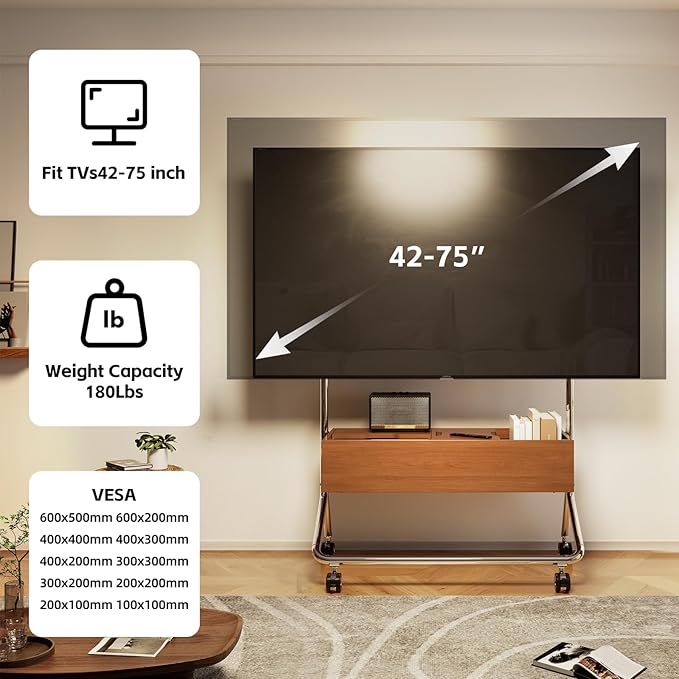 Solid Wood Mobile TV Cart Rolling TV Stand with Wheels for 42-75 Inch LCD LED Flat Curved Screens up to 180 Lbs, Heavy Duty Portable Floor Stainless Steel Mobile TV Stand (Walnut, 42-75inch)