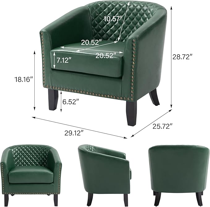 Accent Barrel Chair, Upholstered Faux Leather Club Chair with Nailed Trim, Comfy Reading Armchair for Living Room Bedroom Reception Room Office (Dark Green, Set of 1)