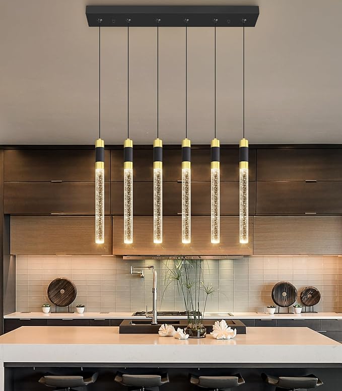 6-Lights Modern Rectangular Chandeliers for Living Room LED Dimmbale Light Fixture Entryway High Ceiling Light Pendants Lighting for Dining Room