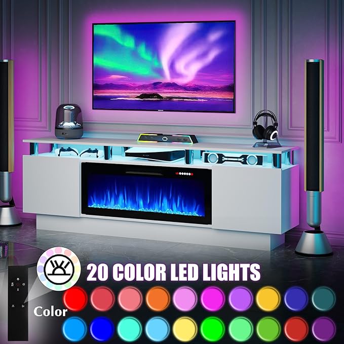 70" Modern Fireplace TV Stand with 36" Electric Fireplace for TVs Up to 80 inch, Luxury LED Light Entertainment Center with High Gloss Cabinet, TV Consoles for Living Room, White
