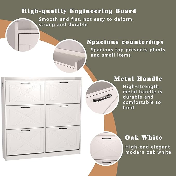 Shoe Cabinet with 6 Flip Drawers, Shoe Storage Cabinet for Entryway, Freestanding Hidden Shoe Cabinet Organizer with Open Storage, Narrow Shoe Rack with Legs, Oak White