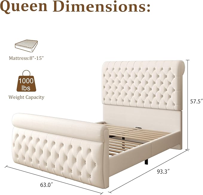 57.5" Tall Queen Size Upholstered Bed Frame with Rolled Headboard and Footboard, Plaform Bed Frame with Deep Button Tufting, Soft Chenille Fabric, Noise Free, No Spring Box Needed, Beige