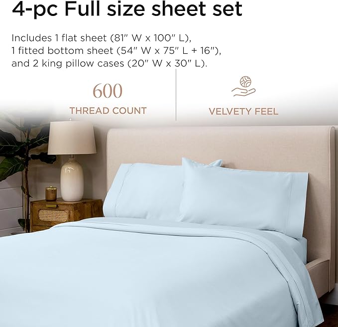 Threadmill 100% Cotton Sheets for Full Size Bed - 600 Thread Count Full Bed Sheets Set with 16” Deep Pocket - Sateen Weave 4-Piece Bedding Set with Cooling Effect, Blue