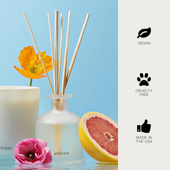 Apotheke Luxury Scented Reed Diffuser for Home, Sea Salt Grapefruit - 6.7 Fl Oz Essential Oil Aromatherapy - 10 Rattan Scent Sticks Room Diffuser - Long-Lasting Fragrance for Bedroom, Home, Bathroom