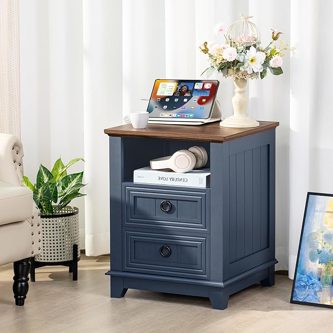 18" Farmhouse Night Stand with Charging Station, 2 Drawers End Table Dresser for Bedroom, Blue Wooden Nightstand, Bed Side Table with Open Shelf, Bedside Cabinet for Living Room, Closet