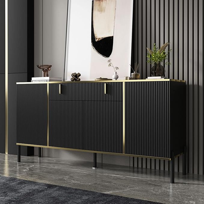 FAMAPY Modern Credenza Sideboard Buffet with Drawer & Pop-Up Doors, Buffet Sideboard Storage Cabinet with Black Metal Legs, for Living Room Hallway Black and Gold (63”W x 15.7”D x 31.5”H)