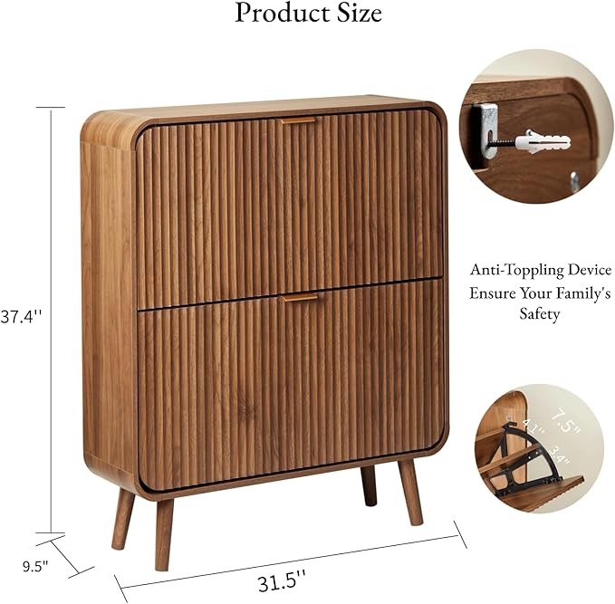 31.5" Fluted Shoe Cabinet with 2 Flip Drawers, Slim Freestanding Shoe Cabinet Organizer, Narrow Shoes Storage Rack for Entryway, 4 Sturdy Legs (Dark Walnut)