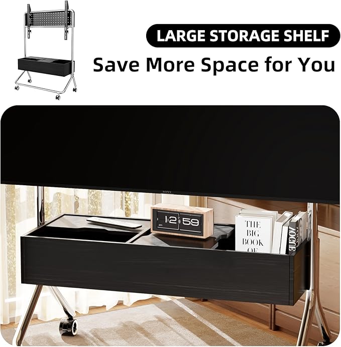 Solid Wood Mobile TV Cart Rolling TV Stand with Wheels for 42-75 Inch LCD LED Flat Curved Screens up to 180 Lbs, Heavy Duty Portable Floor Stainless Steel Mobile TV Stand (Black, 42-75inch)