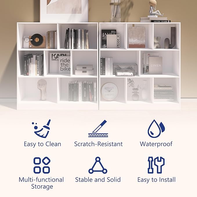 8-Cube Wooden Bookshelf with Base,3-Tier Freestanding Open Storage Organizer,Multi-Functional Bookcase for Living Room,Bedroom,Study and Office (White, 8-Cube)