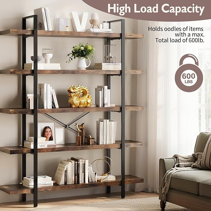 5-Tier Industrial Bookcase, 47 Inch Wide Wood Bookshelf, 120lbs Shelf Capacity, Rustic Open Shelving Heavy Duty Display with Reinforced Horizontal Brown Shelves for Living Room Bedroom Office - 2Pcs