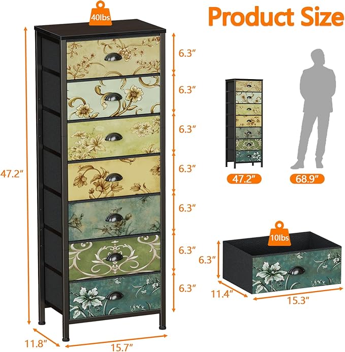 Furnulem Tall Dresser for Bedroom with 7 Fabric Drawers, Vintage Dressers & Chest of Drawers, Vertical Storage Tower Organizer Unit Retro Bedside Furniture in Closet,Living Room,Nusery,Dorm,Entryway
