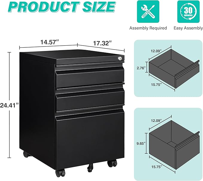3 Drawer File Cabinet with Lock,Under Desk File Cabinet with Wheels,Black Rolling Filing Cabinets,Three Drawer Metal Filing Cabinet for Home Office,Fit A4/Letter/Legal File,- Assembly Required