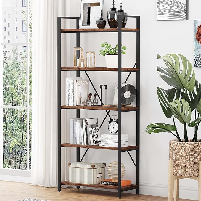 BON AUGURE Industrial Bookshelf, Etagere Bookcases and Book Shelves 5 Tier, Rustic Wood and Metal Shelving Unit (Rustic Oak)