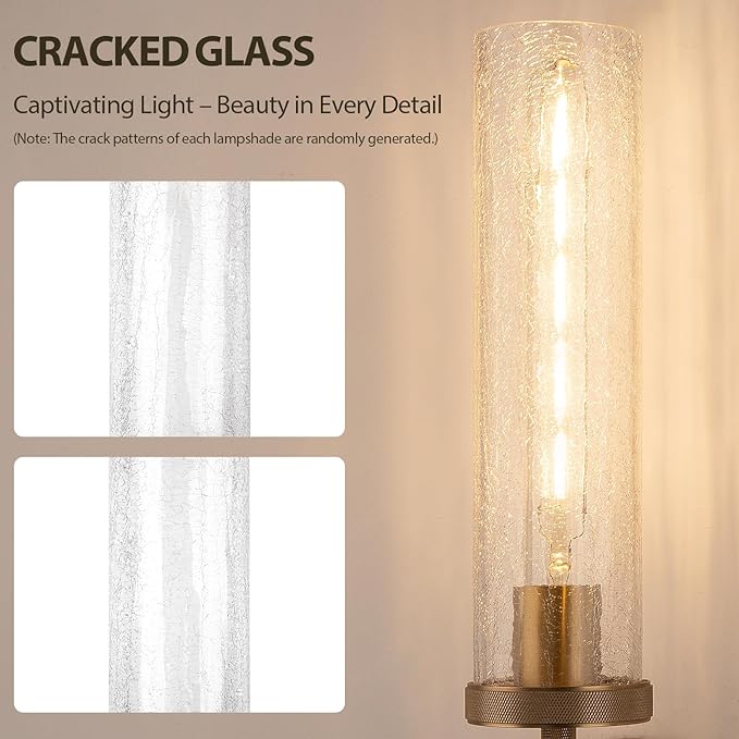 19.5" Knurled Brass Wall Sconce with Crackle Glass Tube, Gold Bathroom Vanity Light Fixtures, Modern Lamp Lighting for Bedroom, Living Room, Hallway, Staircase, Mirror, Kitchen
