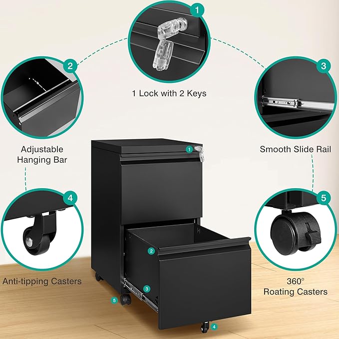 SISESOL 2 Drawer File Cabinet on Wheels,Metal Filing Cabinet with Lock,Black Rolling File Cabinets,Under Desk Office Cabinets for Home Office,Fit A4/Letter/Legal,Fully Assembled Except Caster