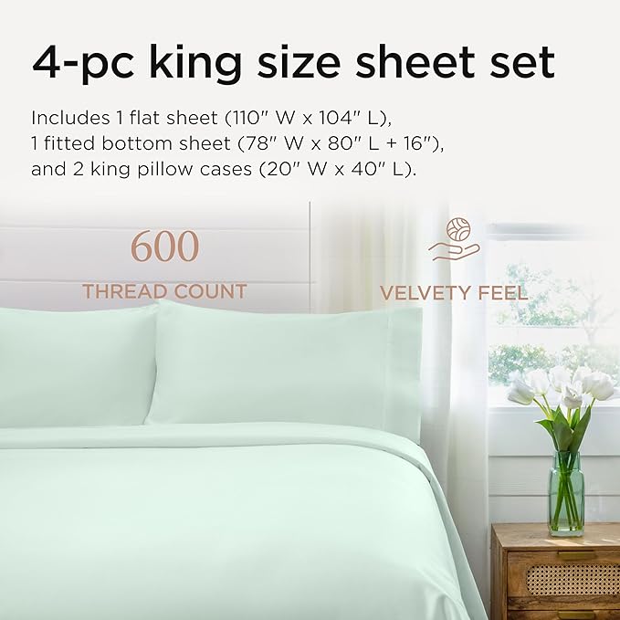 Threadmill King Size Sheets | 600 Thread Count King Bed Sheets Set for King Mattress 16” Deep Pocket | Sateen Weave 4-Piece Bedding Set with Cooling Effect | Seaglass
