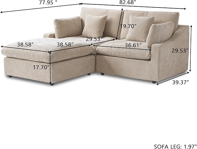 WJShome 83" L Shaped Sofas with Ottoman，Cloud Couch Sectional for Living Room, Down Filled Convertible Couch, Sofa Covers Washable&Replaceable,Khaki