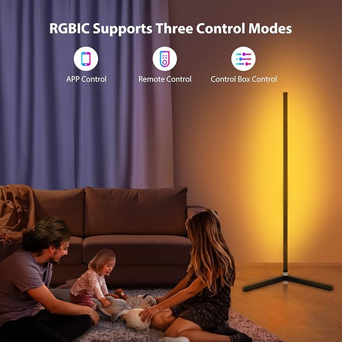 2PCS RGB Corner Floor Lamp, 64.5" RGB Color Changing Mood Light Bluetooth APP and Remote Control Music Sync LED 398 Dimmable Modes Modern Floor Lamp for Living Room, Light Timing