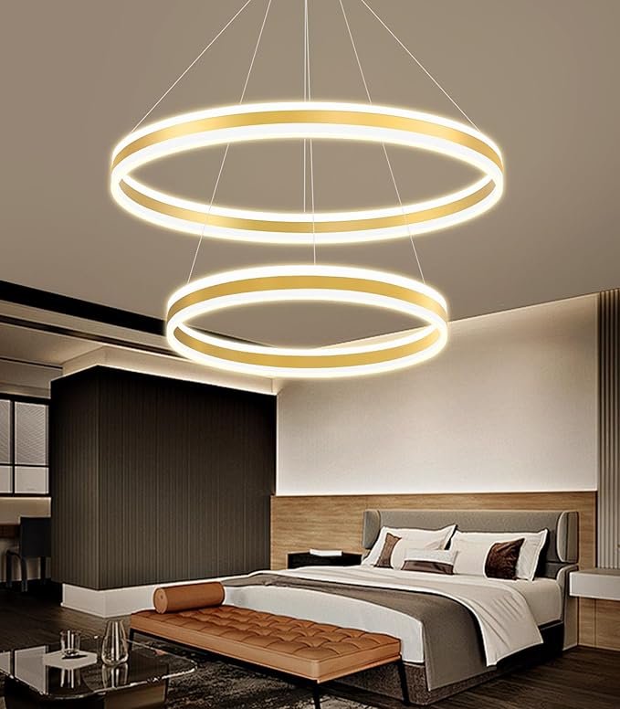 D23.6''+31.5'' Modern Ring Chandelier for Dining Room LED Dimmable Pendant Lighting High Ceiling Chandelier for Living Room Foyer Bedroom Entryway 3000K-6000K Gold