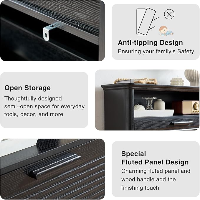 Okvnbjk Fluted Narrow Shoe Cabinet with 2 Flip Drawers, Shoe Storage Cabinet with Open Storage & Curved Profile Design, Wood Shoes Rack for Entryway, Hallway, Foyer, Black