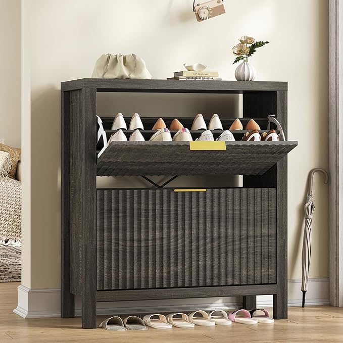 Shoe Cabinet Storage for Entryway, Fluted Shoe Cabinet with 2 Flip Drawers, Hidden Shoe Rack Tall Freestanding Shoe Organizer with Legs for Hallway, Dark Gray