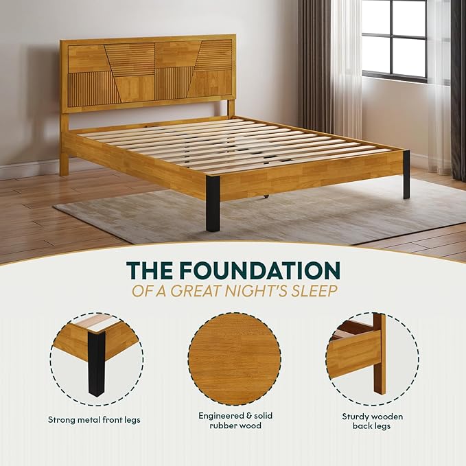 Bme Trapeze Queen Bed Frame – Modern Solid Wood Bed with Smooth Pattern Headboard, Black Metal Legs, Teak Brown Finish – Durable Queen Size Platform Bed for Contemporary Bedrooms