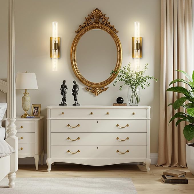 Brass Wall Sconce Set of Two, Gold Bathroom Wall Sconce Vanity Light Over Mirror, 22.8" Gold Sconce with Glass Tube, Horizontal or Vertical Linear Sconce Wall Lighting for Living Room, Bedroom