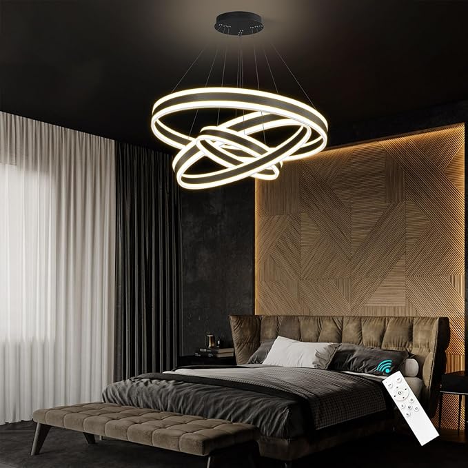 D23.6'' Modern LED Dimmable Chandeliers for Dining Room 3-Rings High Ceiling Chandelier for Living Room Adjustable Pendant Light Flush Mount Light Fixture for Foyer Entryway Bedroom 3000K-6000K