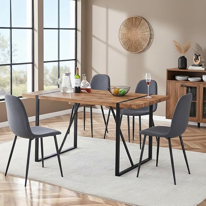 Kitchen Table Chairs Set of 4, Modern 55'' Dark Wood Dining Table and Fabric Dining Chairs Set of 4,Dining Table Set for 4,Ideal for Kitchen Dining Room