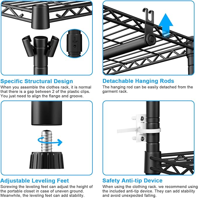 Ulif E10 Clothes Rack（With Stretchable Hanger Rod）Freestanding Clothing Racks for Hanging Clothes，Adjustable Closet Organizer System，Portable Garment Rack 73-97"W x 15" D x 72" H，Max Load 800LBS，Black