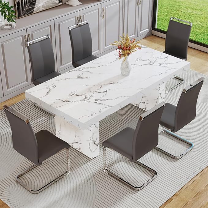 79'' Dining Table Set for 6, Dining Room Table Set for 6, 3.5'' Thick Faux Marble Table Top, MDF Table Legs, PU Ergonomic Dining Chair, for Dining Room