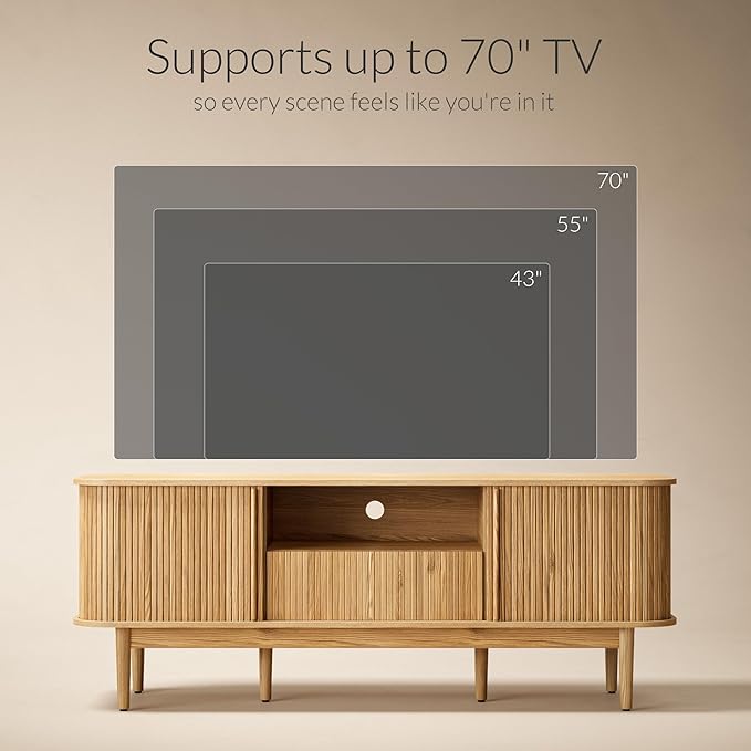 Modern TV Stand for 45/55/70 inch TV, Entertainment Center with Sliding Doors and Storage, Wood TV Stand for Bedroom, Living Room, Natural