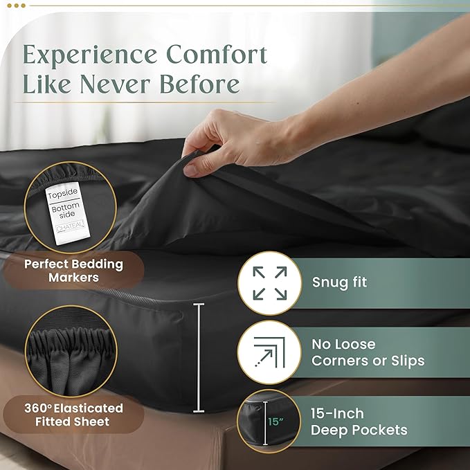 100% Cotton Sheets King Size Sheets Set with Fitted Sheet & Pillowcase Sets, 800 Thread Count Sateen Weave 4 piece Deep Pocket King Sheet Set, Soft & Comfy Naturally Cool Luxury Bedding- Charcoal