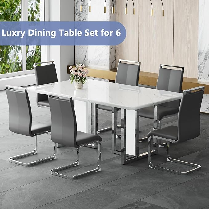 JUFU Dining Table Set for 6, 67'' Kitchen Table Chairs Set of 6 with Faux Marble Tabletop and Sturdy Leg, White Rectangle Dinner Table Set for 6 with PU Chairs, Perfect for Dining Room and Kitchen