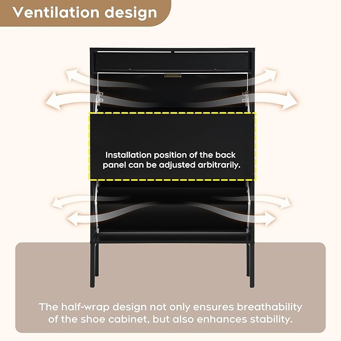 Brafab Shoe Rack Storage Organizer, Shoe Storage Cabinet with 2 Flip Drawers&1 Small Drawer, Slim Entryway Shoe Organizer with Sun Pattern Doors,Dark Black