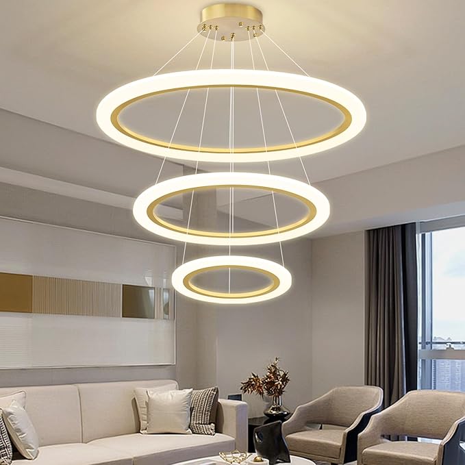 Modern LED Chandelier 3 Ring Chandelier for Dining Room Living Room Pendant Lighting Fixture High Ceiling Hanging LED Pendant Ceiling Light Fixture for Bedroom Foyer Gold