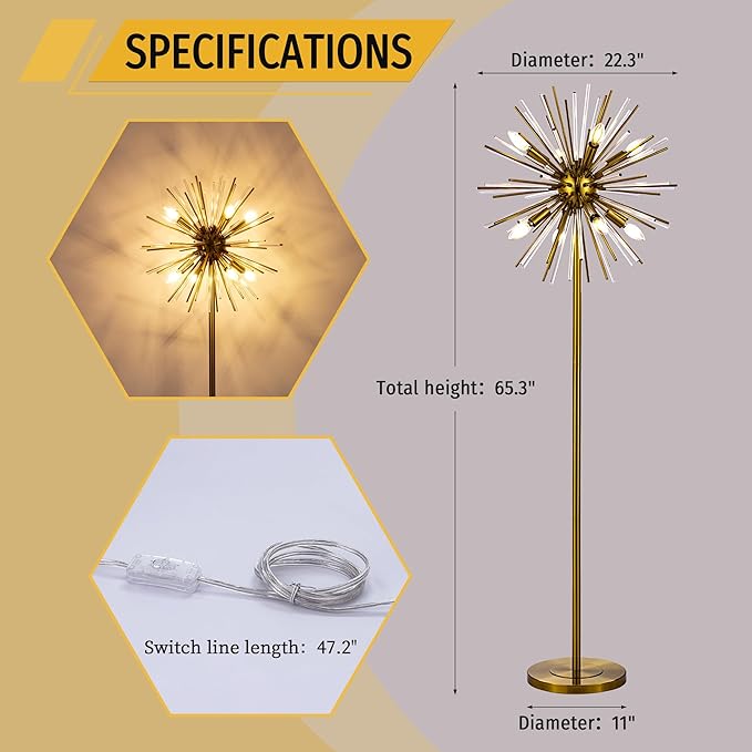 Wellmet Gold Floor Lamp for Living Room, Mid Century Modern Floor Lamps for Bedroom, Brass Finish, 65.3 Inch Tall Unique Metal Floor Lamp for Corner Decorative, Globe Shade (Gold)