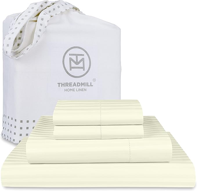 Threadmill 100% Cotton Sheets for King Size Bed - 600 Thread Count King Bed Sheets Set with 16” Deep Pocket - Damask Stripe Sateen Weave 4-Piece Bedding Set with Cooling Effect, Ivory