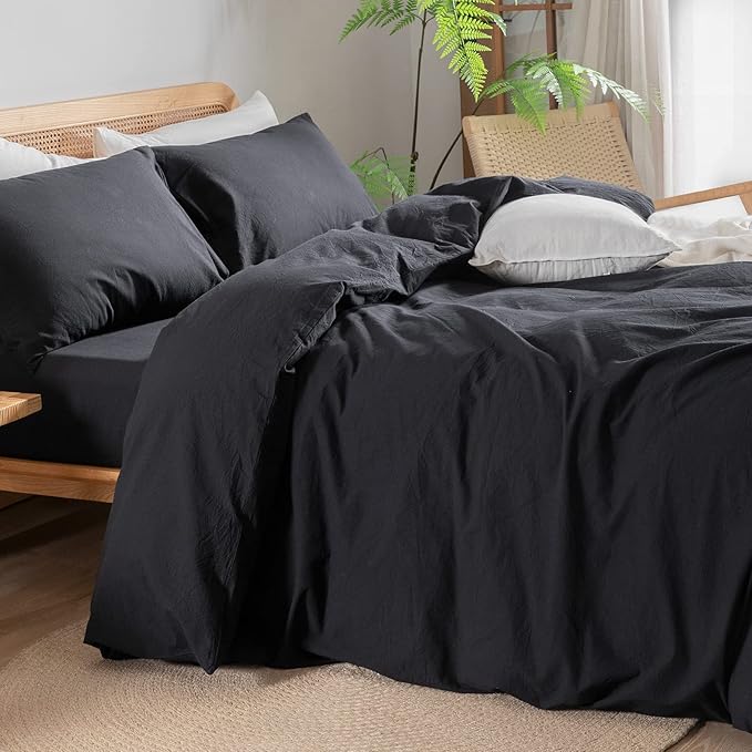 BESTOUCH Duvet Cover Set 100% Washed Cotton Linen Feel Super Soft Comfortable Chic Lightweight 3 PCs Home Bedding Set Solid Deep Black Full/Double