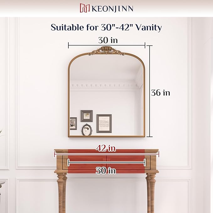 Keonjinn Vintage Arched Wall Mirror 30" x 36", Black Antique Mirrors with Metal Frame, Ornate Baroque Decoration for Mantle, Bathroom, Living Room, Fireplace, French Cleat Mounting